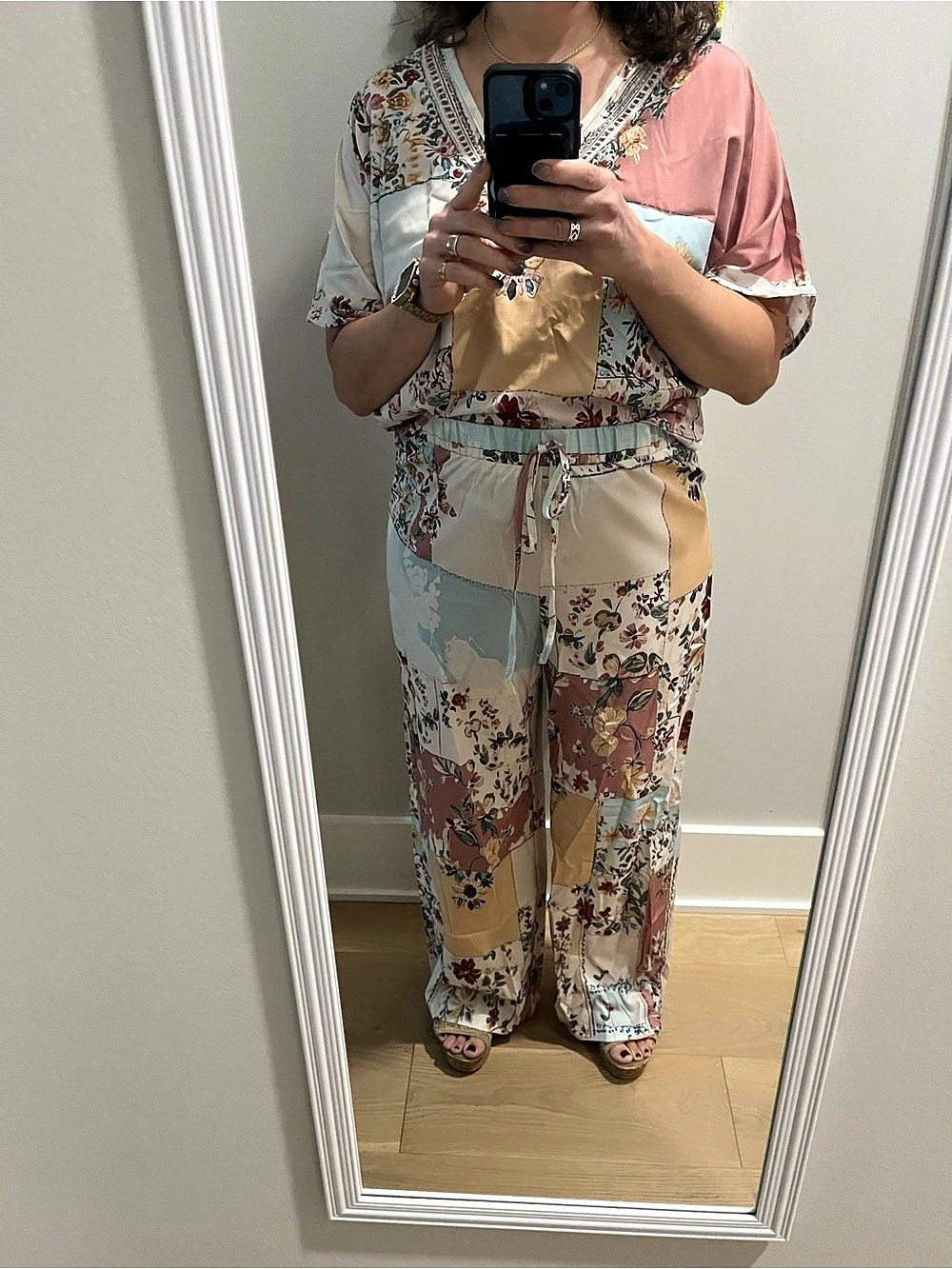 Bohemian Floral Faux Patchwork Wide Leg 2 pc Outfit in Pink & Blue, Brand New